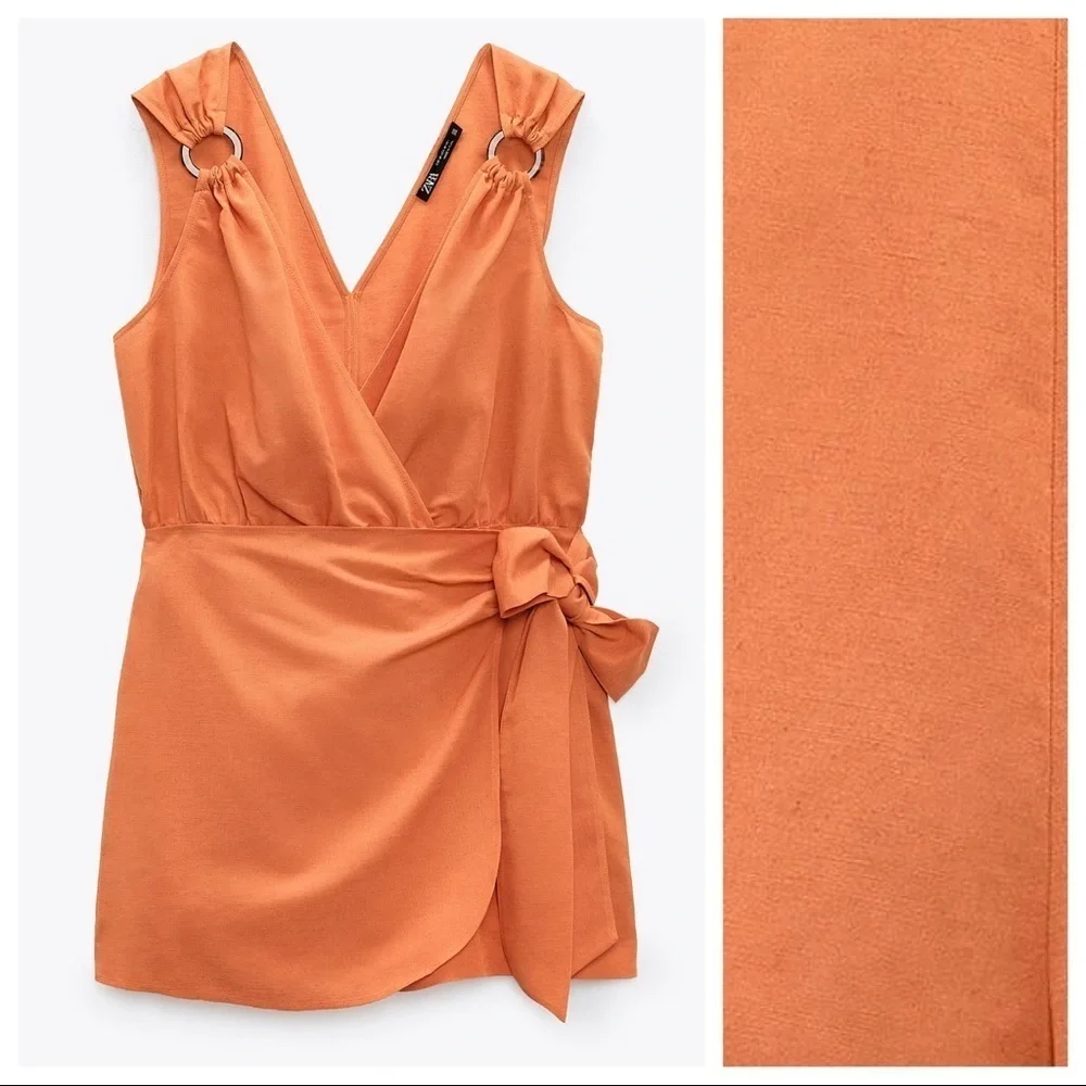 NWT. Zara Orange Crossover Tied Wrap Short Jumpsuit with Bow. Size S.